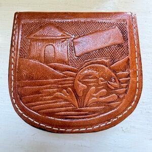 Vintage tooled leather coin purse fishing fish cabin scene handmade wallet pouch